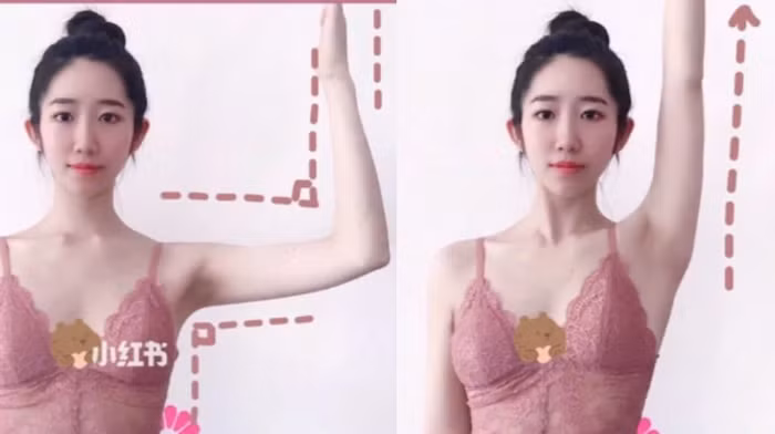 Bài tập 5: Hãy dựa lưng vào bức tường, dang cánh tay song song với mặt đất, sau đó uốn cong cánh tay vuông góc rồi từ từ giơ tay lên cao sau đó đổi bên. Tập bài tập này thường xuyên, bạn sẽ thấy bờ vai của mình thon nhỏ, dáng người của bạn cũng được cải thiện rõ rệt.