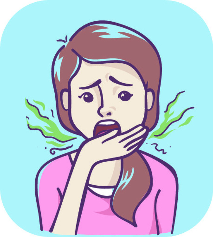 Hơi thở nặng mùi: Hơi thở có mùi thường là dấu hiệu của các vấn đề về tiêu hóa. Khi hệ tiêu hóa gặp khó khăn trong việc xử lí toàn bộ những gì bạn ăn. Tuy nhiên, điều này cũng có thể xảy ra khi gan phải xử lí lượng độc tố quá lớn.