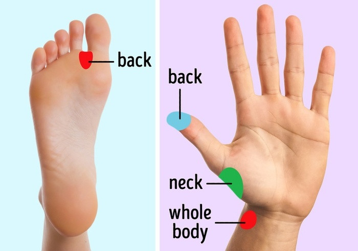 1. Tự massage Thư giãn và thoát khỏi cơn đau vai và cổ bằng cách bấm huyệt: Theo 9 trong 10 nghiên cứu, bấm huyệt ở tay và chân có tác dụng giảm đau. Bạn có thể massage các điểm kích hoạt được kết nối với lưng. Có nhiều điểm trên cơ thể, vì vậy trước khi bấm huyệt bạn hãy tham khảo ý kiến của chuyên gia. Có một số điểm mà bạn có thể bấm huyệt để thư giãn cổ, lưng hoặc toàn bộ cơ thể, bao gồm cả lưng và cổ. Bạn không cần phải vội vàng, ngồi hoặc nằm xuống trong tư thế thoải mái. Bạn thư giãn rồi hít thở sâu và nhắm mắt lại. Dùng lực sâu trong các động tác xoay nhỏ hoặc lên xuống.