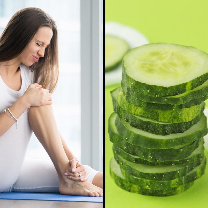 Giảm đau khớp: Thái lát một quả dưa chuột, cho vào chậu nước nóng. Ngâm chân trong chậu khoảng 20-30 phút để làm giảm đau khớp và giảm chân sưng nề. Ảnh: BS.