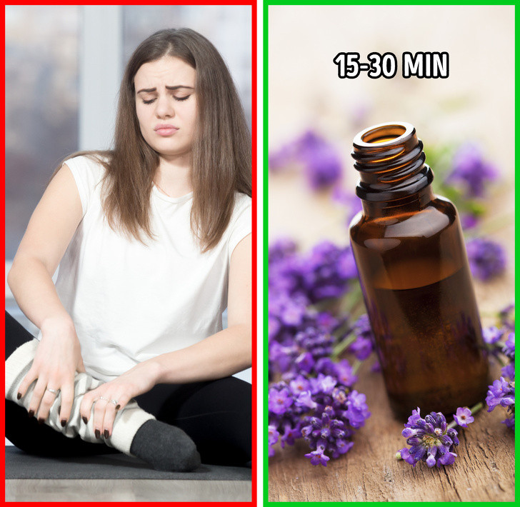 Giảm đau cơ bắp: Hoa oải hương được biết đến là liều thuốc giảm đau tự nhiên. Để giảm đau cơ bắp, hãy chuẩn bị một chậu nước nóng, thêm 1/2 chén muối Epsom, hai thìa baking soda và 6 giọt tinh dầu oải hương. Ngâm chân từ 15 đến 30 phút.