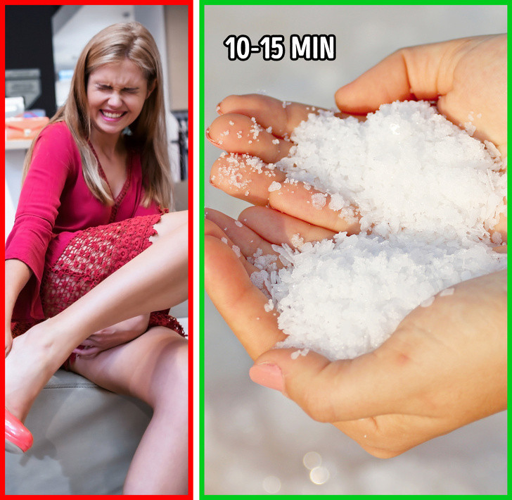 Giảm đau, viêm: Muối có tác dụng giảm đau hay giảm tình trạng viêm nhiễm. Hãy thêm hai thìa muối vào chậu nước nóng và ngâm chân trong 15 - 20 phút. Ngâm chân nước muối có thể khiến da khô nên bạn cần thoa kem dưỡng sau đó.