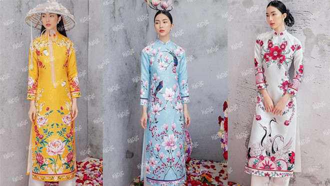 Về chất liệu, vải được chọn may áo dài phổ biến là lụa tơ tằm, lụa tổng hợp, gấm, phi bóng hoặc nhung, ren...Chất vải càng mềm, rũ càng tạo cảm giác thu nhỏ lại 3 vòng của người mặc. Ảnh: Hà Cúc.