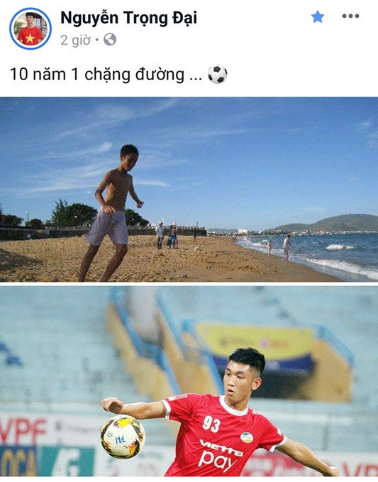 Trong khi đó, cầu thủ Nguyễn Trọng Đại cũng tham gia thử thách bằng hai bức ảnh so sánh trên trang cá nhân. 10 năm vừa cho thấy hành trình "dậy thì thành công", vừa là chặng đường nuôi dưỡng đam mê với trái bóng tròn của chàng cầu thủ. Ảnh: Nguyễn Trọng Đại.