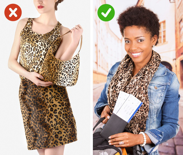 Dùng họa tiết giả da động vật: Cách ăn mặc với những trang phục có quá nhiều phần họa tiết da báo có thể khiến bạn trông kém sang hơn. Để tạo điểm nhấn trông sang trọng, hãy sử dụng phụ kiện có họa tiết này thay vì cả áo hay quần họa tiết chằng chịt.