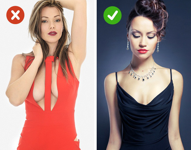 Độ hở của cổ váy: Những loại áo váy khoét cổ rộng xẻ sâu khiến bạn trông khá... rẻ tiền. Thay vào đó, một chiếc cổ áo cao hơn, hẹp hơn sẽ tạo cho bạn cảm giác sang trọng, đẳng cấp hơn.