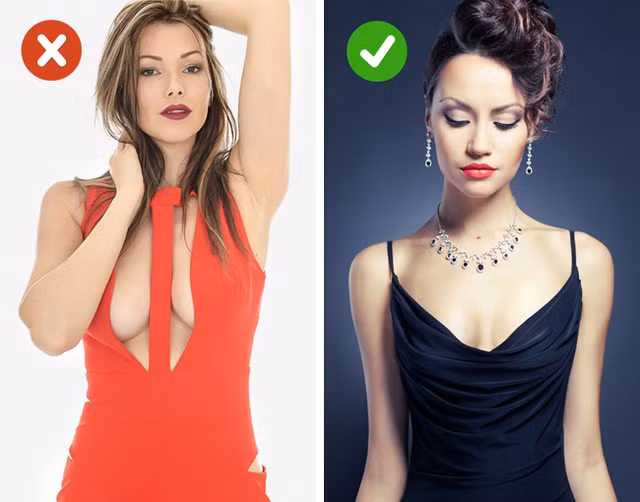Độ hở của cổ váy: Những loại áo váy khoét cổ rộng xẻ sâu khiến bạn trông khá... rẻ tiền. Thay vào đó, một chiếc cổ áo cao hơn, hẹp hơn sẽ tạo cho bạn cảm giác sang trọng, đẳng cấp hơn.