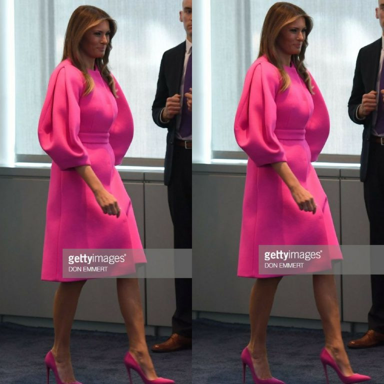 Đệ nhất phu nhân Mỹ Melania Trump phát biểu trước Liên Hiệp Quốc về nạn bắt nạt qua mạng (cyberbulling) trong bộ trang phục hồng với phần tay áo phồng bắt mắt của hãng Delpozo trị giá 2.950 USD (khoảng 68 triệu đồng).