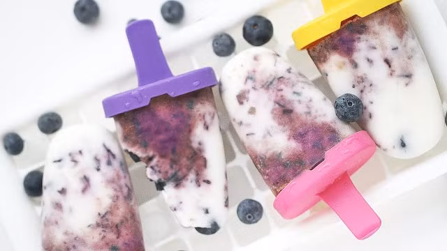 Cách làm: Xay nhuyễn việt quất rồi thêm vỏ chanh vào trộn đều. Cho hỗn hợp việt quất vào 1/2 khuôn, rồi thêm sữa chua tới khi khuôn đầy. Cắm que và bỏ vào ngăn đá tủ lạnh ít nhất 6 tiếng trước khi thưởng thức.