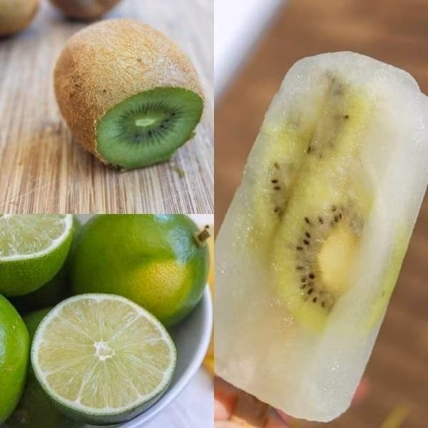 Kem que kiwi: Bạn dùng khoảng 6 trái kiwi, đem cắt thành từng lát mỏng tròn ngang thân trái. Sau đó tiếp tục cắt đôi khoanh tròn và đem tất cả ướp với một chút đường để giảm vị chua.