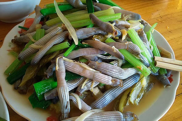 Sá sùng trông hơi giống giun đất, thường được sấy khô lên và làm đồ nhắm với bia rượu. Ngoài ra, sá sùng còn có thể dùng để nấu canh, nước sẽ rất thơm và ngọt.