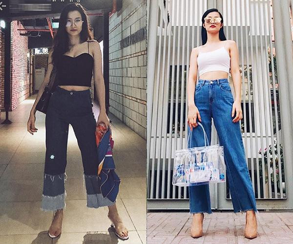 Áo hai dây và quần ống suông là một combo yêu thích để khoe dáng của Đông Nhi.