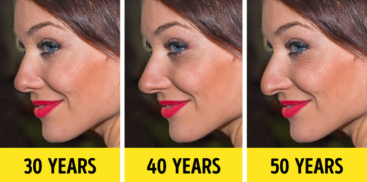 Mũi to hơn: Thông thường, cơ thể ngừng phát triển kể từ năm 18 tuổi. Tuy nhiên, một số bộ phận vẫn có sự thay đổi, ví dụ như mũi, chúng sẽ tiếp tục phát triển trong suốt cuộc đời. Lý giải cho điều này chính là sự thay đổi ở các mô mềm, cơ và sụn cấu tạo nên mũi. Không giống như xương, sụn tiếp tục phát triển. Quá trình này tăng tốc ở tuổi 50 và tiếp tục với tốc độ tương tự khi bước sang tuổi 60. Đó là lý do chóp mũi thường rủ xuống khi bạn già đi.