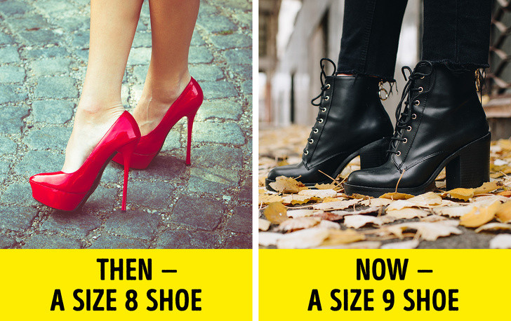 Chân to hơn: Các bác sĩ chỉnh hình nhận định, bàn chân sẽ trở nên phẳng hơn và do đó, dài hơn và rộng hơn vì dây chằng và gân yếu đi khi chúng ta già đi. Đây là lý do tại sao bạn phải mua giày với kích thước lớn hơn so với trước đây.