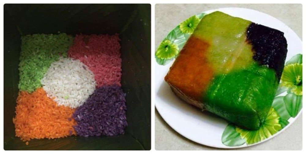 Để làm được một chiếc bánh chưng ngũ sắc cần nhiều thời gian và sự tỉ mỉ, kỹ thuật cầu kỳ, người nội trợ phải khéo léo trong các khâu: ngâm gạo, pha nước màu, đổ gạo vào khuôn, gói chặt tay sao cho các màu không bị lẫn với nhau và để bánh có 5 màu đẹp nhất. Ảnh: Emdep.