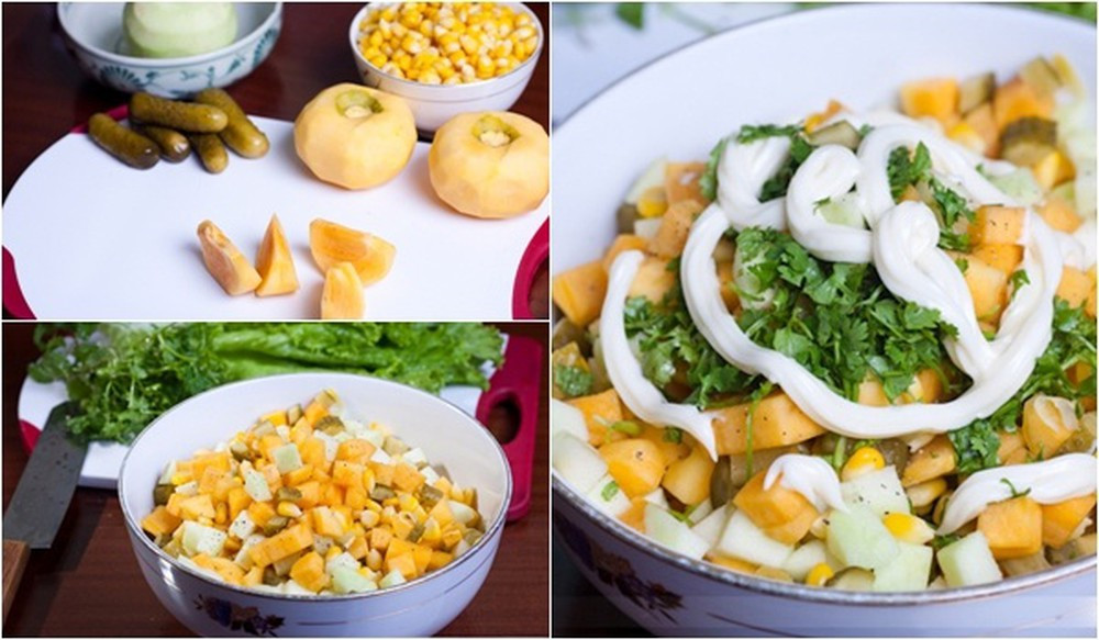 Chuẩn bị 1 bát tô to, cho hồng, táo, dưa chuột, ngô ngọt vào, thêm chút muối cho đậm vị, sau đó là các loại rau cắt nhỏ, cuối cùng cho sốt mayonaise vào trộn đều là có thể thưởng thức được rồi. Nếu bạn muốn ăn món nộm mát thì sơ chế nguyên liệu xong, bạn cất chúng vào tủ lạnh khoảng 30 phút trước khi trộn.