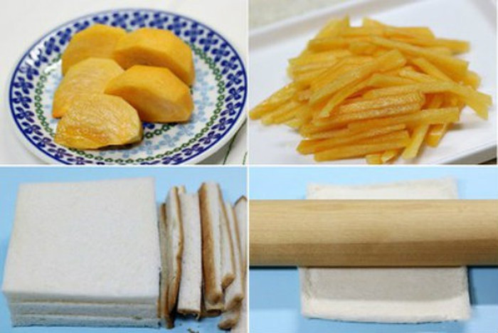 Cách làm: Quả hồng rửa sạch, gọt vỏ cắt miếng rồi thái sợi hình vuông cạnh 0,5cm. Dùng dao cắt bỏ phần rìa cứng xung quanh lát bánh mỳ rồi dùng cây lăn cán phẳng. Phết lớp mỏng phô mai kem lên mặt lát bánh mỳ. Cắt đôi chiếc lá rau diếp xanh đặt lên trên rồi đến lát pho mát, sau cùng là vài sợi hồng rồi cuộn tròn. Đặt cuộn sandwich trong tấm nilon mỏng rồi cuộn xoắn hai đầu.