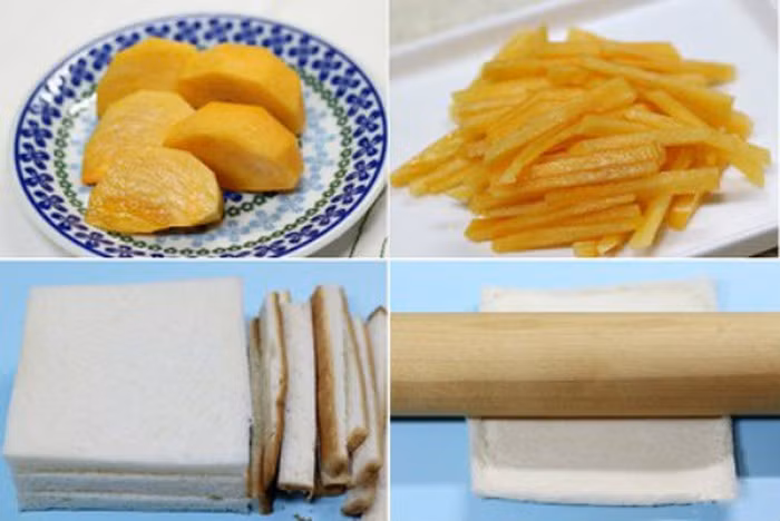 Cách làm: Quả hồng rửa sạch, gọt vỏ cắt miếng rồi thái sợi hình vuông cạnh 0,5cm. Dùng dao cắt bỏ phần rìa cứng xung quanh lát bánh mỳ rồi dùng cây lăn cán phẳng. Phết lớp mỏng phô mai kem lên mặt lát bánh mỳ. Cắt đôi chiếc lá rau diếp xanh đặt lên trên rồi đến lát pho mát, sau cùng là vài sợi hồng rồi cuộn tròn. Đặt cuộn sandwich trong tấm nilon mỏng rồi cuộn xoắn hai đầu.