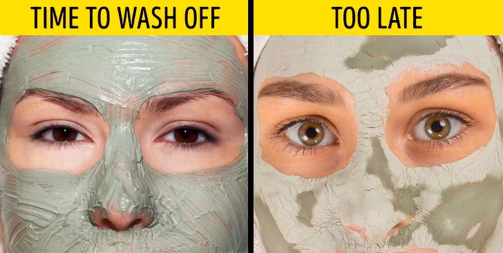 Chờ mặt nạ khô rồi mới bóc: Mỗi loại mặt nạ đều có hướng dẫn sử dụng riêng biệt. Bạn chỉ có thể để mặt nạ qua đêm nếu nó là mặt nạ ngủ. Với đa phần các loại mặt nạ khác, bạn nên làm sạch trước khi chúng khô lại trên da. Ví dụ, với mặt nạ đất sét, bạn nên thoa một lớp dày và làm sạch khi chúng còn hơi dính trên da. Nếu để khô, mặt nạ sẽ hút ngược lại chất ẩm trên da, khiến da khô mốc.