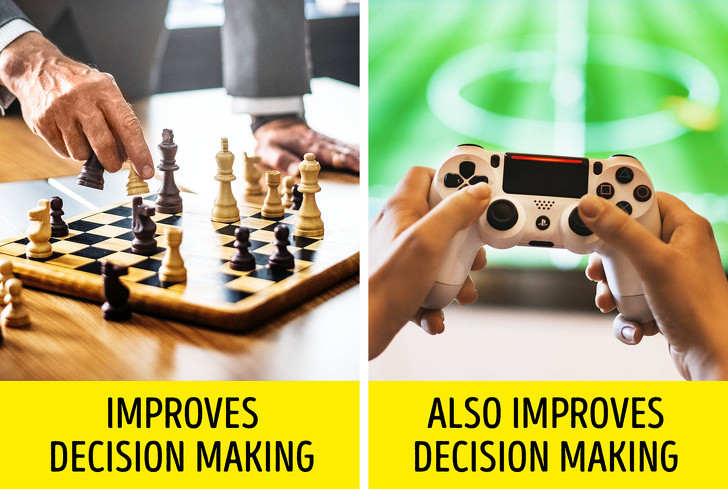Chơi điện tử: Những trò chơi điện tử có tốc độ nhanh giúp bạn tăng tốc độ suy nghĩ, phản ứng, từ đó làm tăng khả năng đưa ra quyết định. Các trò chơi mang tính chiến lược đòi hỏi khả năng tư duy cao, kích thích phát triển tư duy logic. Trò chơi đồng đội giúp bạn tăng khả năng làm việc nhóm.