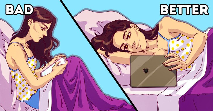 Khi sử dụng điện thoại, ipad hay đọc truyện, hay giữ chúng ở ngang tầm mắt thay vì cúi đầu về phía trước. Nếu bạn phải làm việc trong khoảng thời gian dài với máy tính, thì đừng quên nghỉ ngơi. Chỉ cần đứng dậy và đi bộ xung quanh, hoặc thỉnh thoảng vươn vai, vận động cơ cổ. 