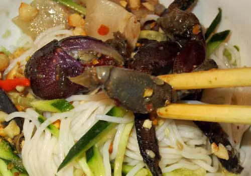 Bún ba khía chỉ gồm có phần nguyên liệu chính là bún tươi và ba khía hấp nước dừa, ăn kèm cùng nước mắm chua ngọt. Ba khía vốn dĩ không nhiều thịt, lại ăn kèm cùng mắm nên nếu bạn thuộc "team xôi thịt" thì có lẽ phải ăn vài bát mới đủ no.