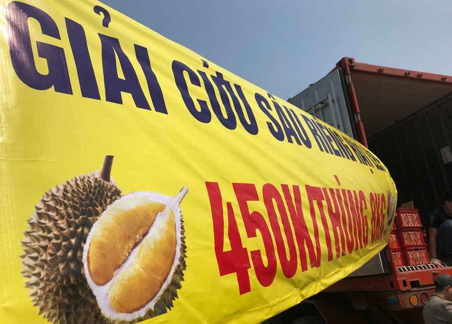 "Chúng tôi chở 2 ngày 2 đêm từ trong Tiền Giang để đưa sang Trung Quốc, nhưng khi đến Hà Nội nhận được tin chợ biên giới vẫn đóng cửa nên dừng lại ở đây bán giá thấp cho mọi người", nam chủ xe container nói.