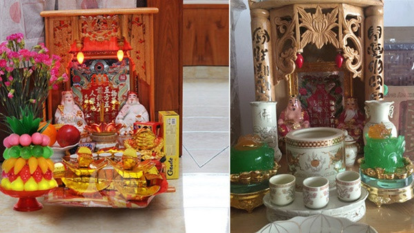 Cách bài trí bàn thờ cúng Thần Tài: Trong cùng bàn thờ, dán trên vách là một tấm bài vị. Sau lưng bàn thờ Thần Tài cần phải là vách tường chắc chắn, không được trổ cửa sổ hay đục lỗ vì làm vậy thì tài vận không tụ được. Trong những trường hợp không thể đặt bàn thờ dựa lưng vào tường do phải chọn hướng thì cần tạo vách để tránh góc nhọn sau lưng bàn thờ và giúp bàn thờ nằm vững chắc. Hai bên, bên trái (nguyên tắc là từ ngoài nhìn vào) là ông Thần Tài, bên phải là Thổ Địa (thường bàn thờ Thần Tài thờ chung với ông Thổ Địa).