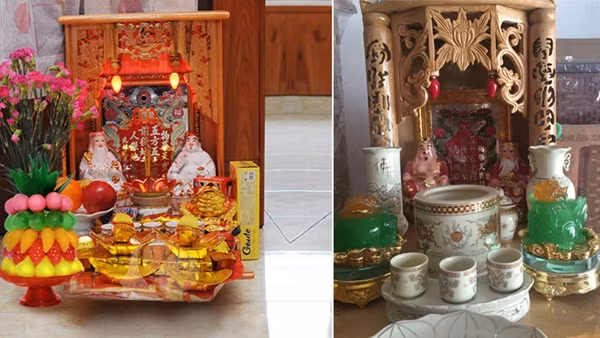 Cách bài trí bàn thờ cúng Thần Tài: Trong cùng bàn thờ, dán trên vách là một tấm bài vị. Sau lưng bàn thờ Thần Tài cần phải là vách tường chắc chắn, không được trổ cửa sổ hay đục lỗ vì làm vậy thì tài vận không tụ được. Trong những trường hợp không thể đặt bàn thờ dựa lưng vào tường do phải chọn hướng thì cần tạo vách để tránh góc nhọn sau lưng bàn thờ và giúp bàn thờ nằm vững chắc. Hai bên, bên trái (nguyên tắc là từ ngoài nhìn vào) là ông Thần Tài, bên phải là Thổ Địa (thường bàn thờ Thần Tài thờ chung với ông Thổ Địa).