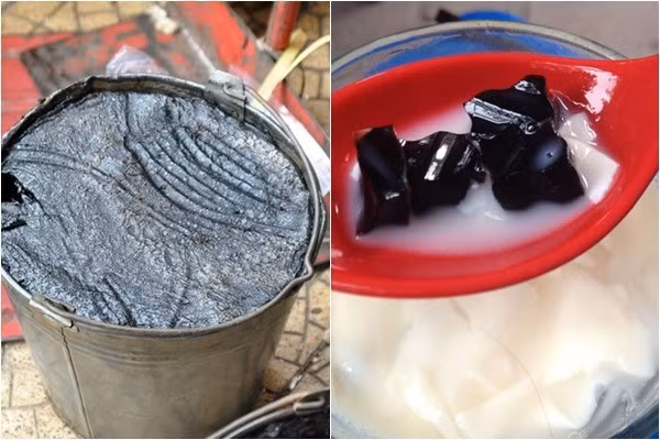 Đã có không ít cơ sở sản xuất thạch bị "vạch trần" công nghệ chế biến thạch siêu bẩn như: lá phơi tại nơi không đảm bảo, công nhân đi giày ủng để xéo lá, nồi, xô chậu đựng thạch đều cáu bẩn và không đảm bảo vệ sinh. Ảnh: Baonga.