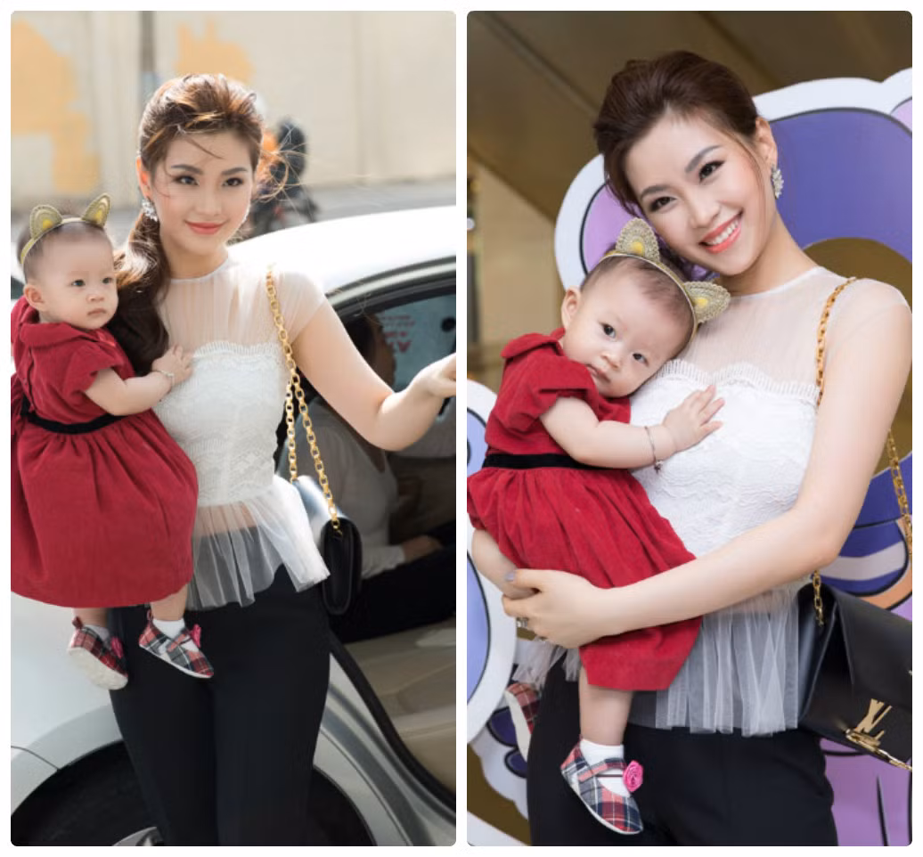 Bé Julia xinh như thiên thần trong bộ váy màu đỏ cùng mẹ đi dự sự kiện. Ảnh: 2sao.vn