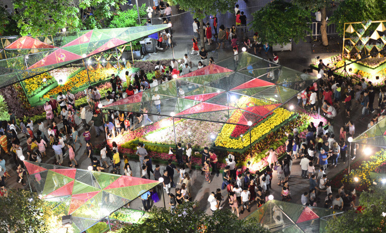 Đường hoa bố trí các chú heo trong trang phục áo dài nón lá, áo dài khăn rằn đặc trưng Nam Bộ với hai gam màu ngày Tết là màu đỏ của sự may mắn và màu vàng của sự thịnh vượng, mang lại cảm giác hưng phấn, vui vẻ, tràn đầy năng lượng cho một năm vạn sự tốt đẹp với bất cứ ai nhìn thấy linh vật năm nay.