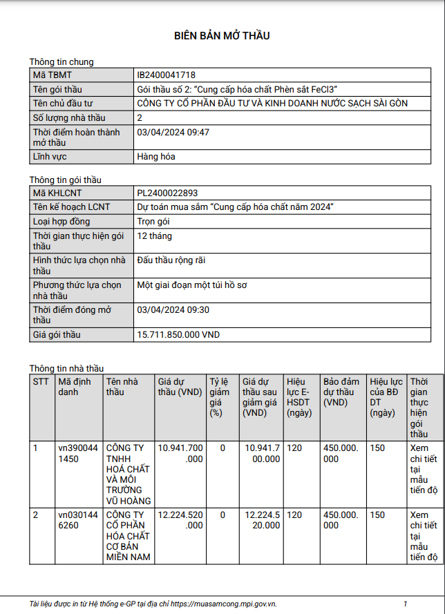 Cuoc dua gianh goi cung cap hoa chat cua Cty nuoc sach Sai Gon