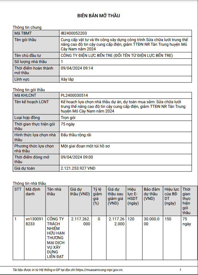 Điện lực Bến Tre: 3 gói thầu xây lắp có về tay Cty Liên Đạt? Dien luc Ben Tre: 3 goi thau xay lap co ve tay Cty Lien Dat?