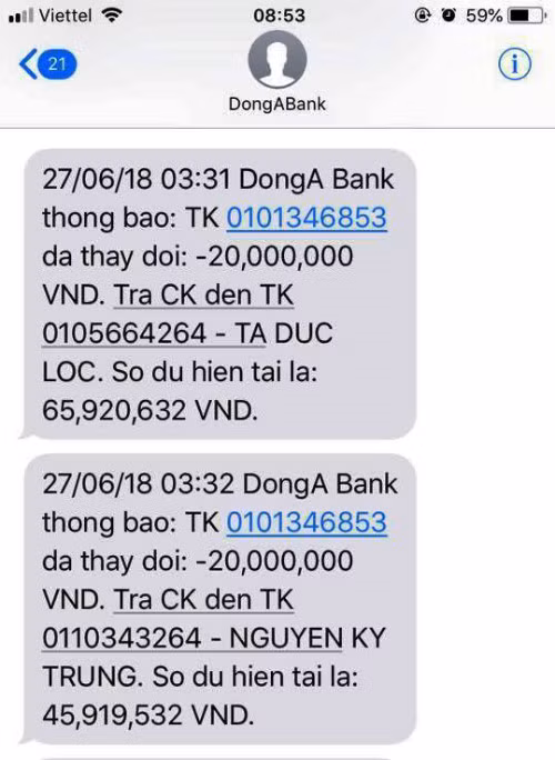 Tin nhắn của hệ thống DongA Bank tới số máy của chị Thuy Nguyen lúc hơn 3h sáng. Ảnh: Đất Việt.