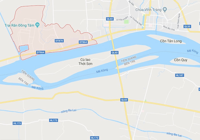 Xã Bình Đức (khoanh đỏ), nơi cảnh sát bắt giữ 2 nghi can trộm chó. Ảnh: Google Maps.