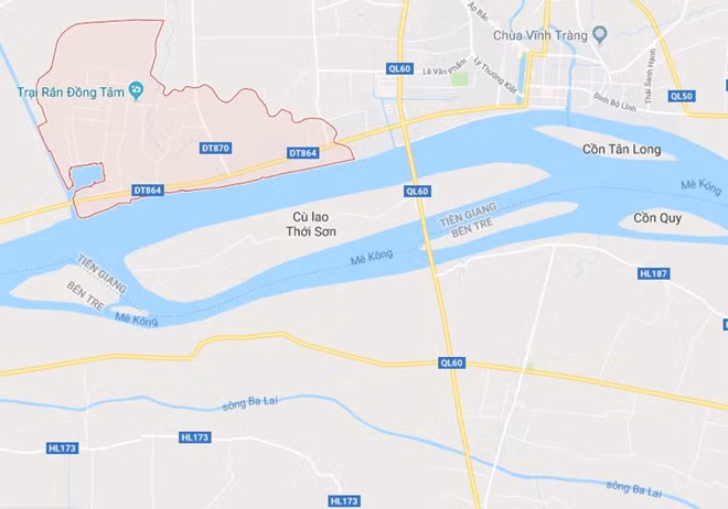 Xã Bình Đức (khoanh đỏ), nơi cảnh sát bắt giữ 2 nghi can trộm chó. Ảnh: Google Maps.