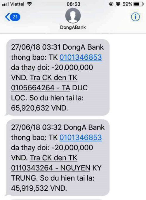Tin nhắn của hệ thống DongA Bank tới số máy của chị Thuy Nguyen lúc hơn 3h sáng. Ảnh: Đất Việt.