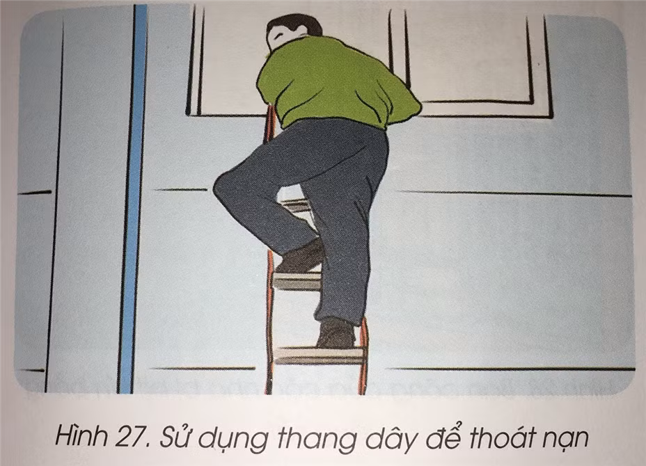 Cụ thể, di chuyển ra ngoài ban công và sử dụng các phương tiện như thang dây nếu có, hoặc trong trường hợp cấp thiết có thể sử dụng dây thừng hoặc các dây tự nối bằng các vật dụng như rèm, ga giường, quần, để thoát xuống dưới và ra nơi an toàn. Tuy nhiên, trước khi dùng dây để tụt xuống cần phải đảm bảo dây chắc chắn và dây phải buộc vào các cấu kiện vững chắc; Di chuyển ra ban công hoặc qua cửa sổ và tìm cách thoát qua các nhà, công trình lân cận; Di chuyển lên tầng thượng hoặc lên mái và thoát sang các công trình lân cận nếu có thể. Trong quá trình di chuyển cần sử dụng khăn, áo thấm ướt bịt vào mũi, miệng nhằm hạn chế hít phải khói, khí độc;