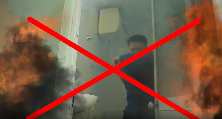 Tuyệt đối không chạy vào nhà vệ sinh để trốn tránh, bởi vì rất dễ bị ngạt khói và lửa thiêu khi đám cháy lan ra toàn bộ căn hộ. Trong một số tình huống cấp thiết, để ngăn đám cháy từ các tầng dưới lan lên tầng trên, mọi người có thể xả nước từ nhà tắm để nước tràn ra sàn nhà và chảy xuống các tầng dưới, khi đó có thể ngăn đám cháy lan lên các tầng trên. Tuy nhiên, khi xả nước trong căn hộ cần lưu ý phải cắt cầu dao tổng để tránh bị điện giật do nước tràn làm chập các thiết bị điện; Trong tất cả các trường hợp, khi phát hiện cháy phải nhanh chóng gọi điện báo cho lực lượng Cảnh sát phòng cháy, chữa cháy và cứu nạn, cứu hộ theo số 114 để kịp thời đến cứu nạn và dập tắt đám cháy;