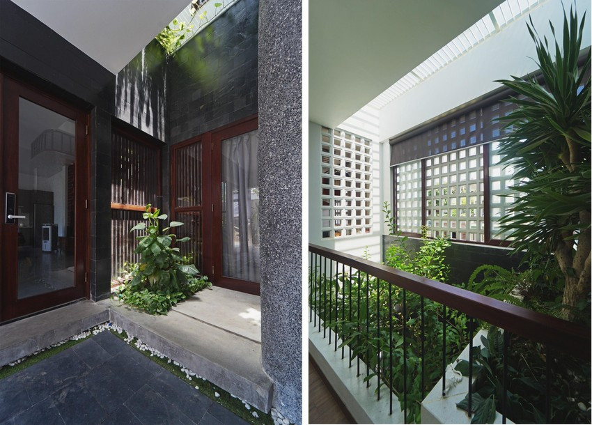 Vật liệu đá Slate màu đen và gạch thô màu đỏ tạo nên sự sáng tác và cân bằng về màu sắc. 