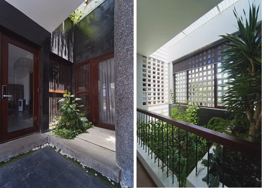Vật liệu đá Slate màu đen và gạch thô màu đỏ tạo nên sự sáng tác và cân bằng về màu sắc. 