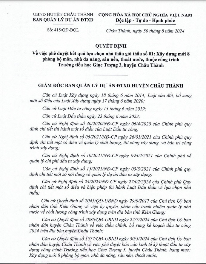 Kien Giang: Goi thau xay dung tai truong Giuc Tuong 3 da co chu