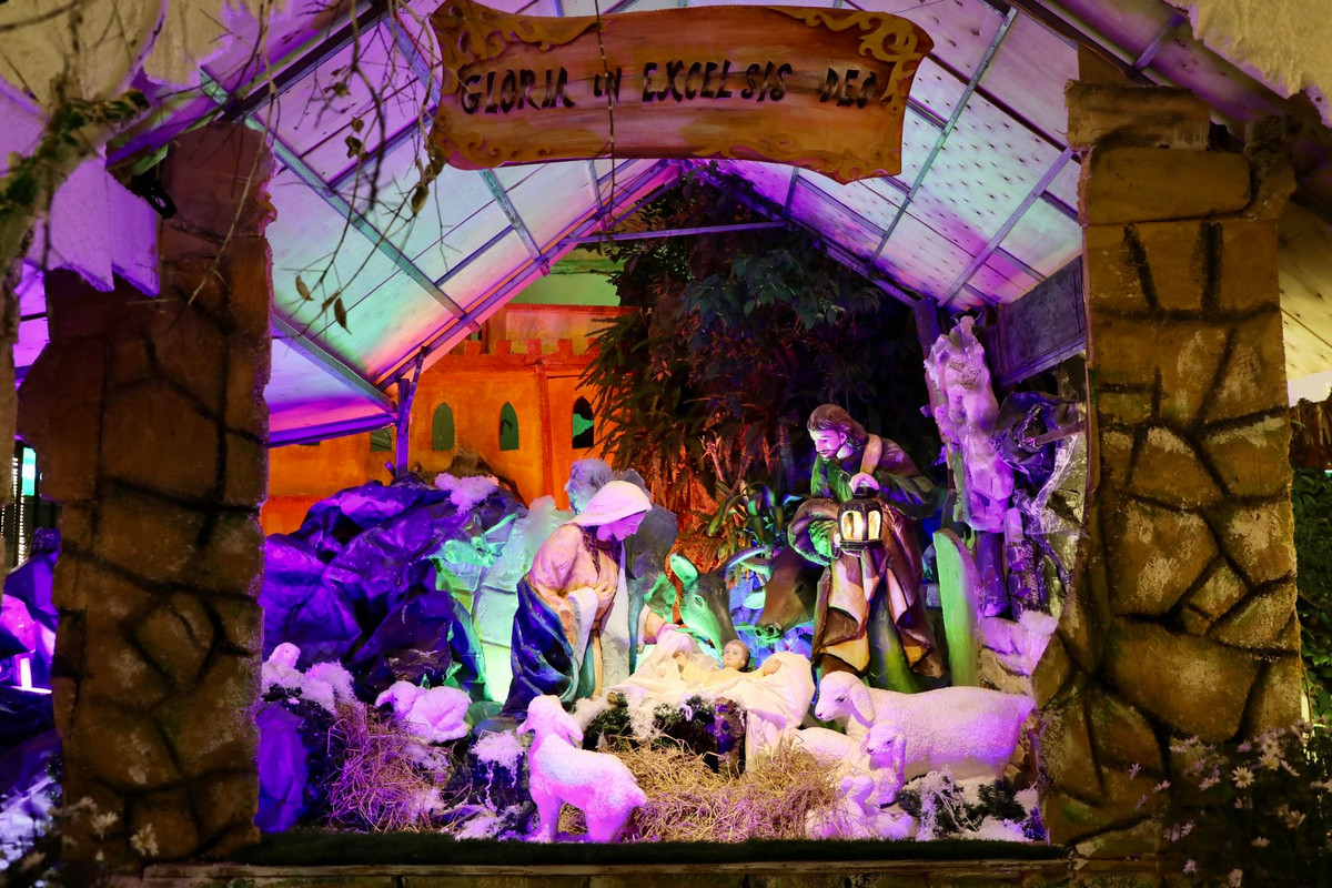 Tiểu cảnh hang đá - nơi Chúa Giáng sinh được xây dựng độc đáo và trang trí bắt mắt bằng nhiều ánh đèn điện.