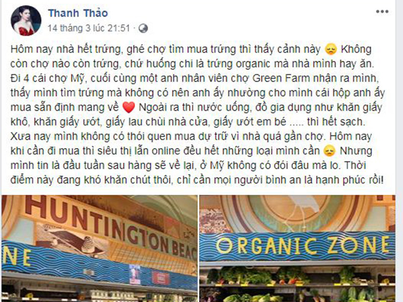 Sinh sống cùng chồng con ở Mỹ, Thanh Thảo than thở không mua được những gì cô cần vì siêu thị bị gom hết đồ.