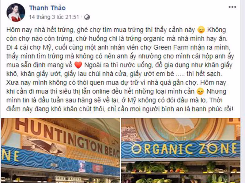 Sinh sống cùng chồng con ở Mỹ, Thanh Thảo than thở không mua được những gì cô cần vì siêu thị bị gom hết đồ.