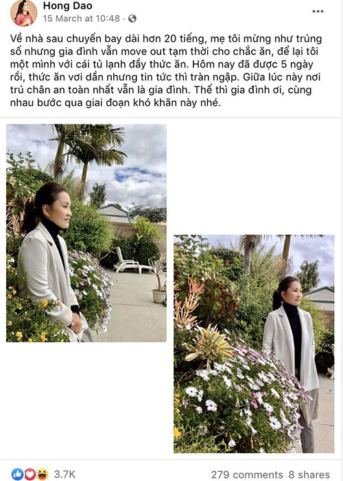 Nghệ sĩ hài Hồng Đào tự cách ly tại nhà ở Mỹ sau chuyến lưu diễn để đảm bảo an toàn cho bản thân và gia đình.