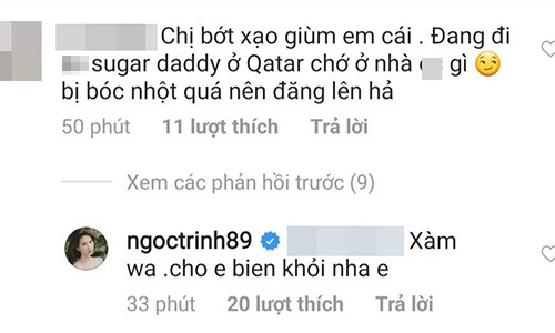 Ngoc Trinh tuc gian khi bi antifan noi di du lich Qatar cung tinh gia