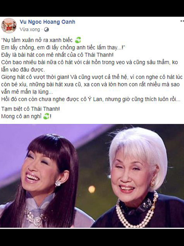 Á hậu Hoàng Oanh cũng gửi lời vĩnh biệt danh ca Thái Thanh.