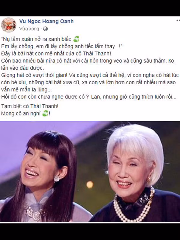 Á hậu Hoàng Oanh cũng gửi lời vĩnh biệt danh ca Thái Thanh.